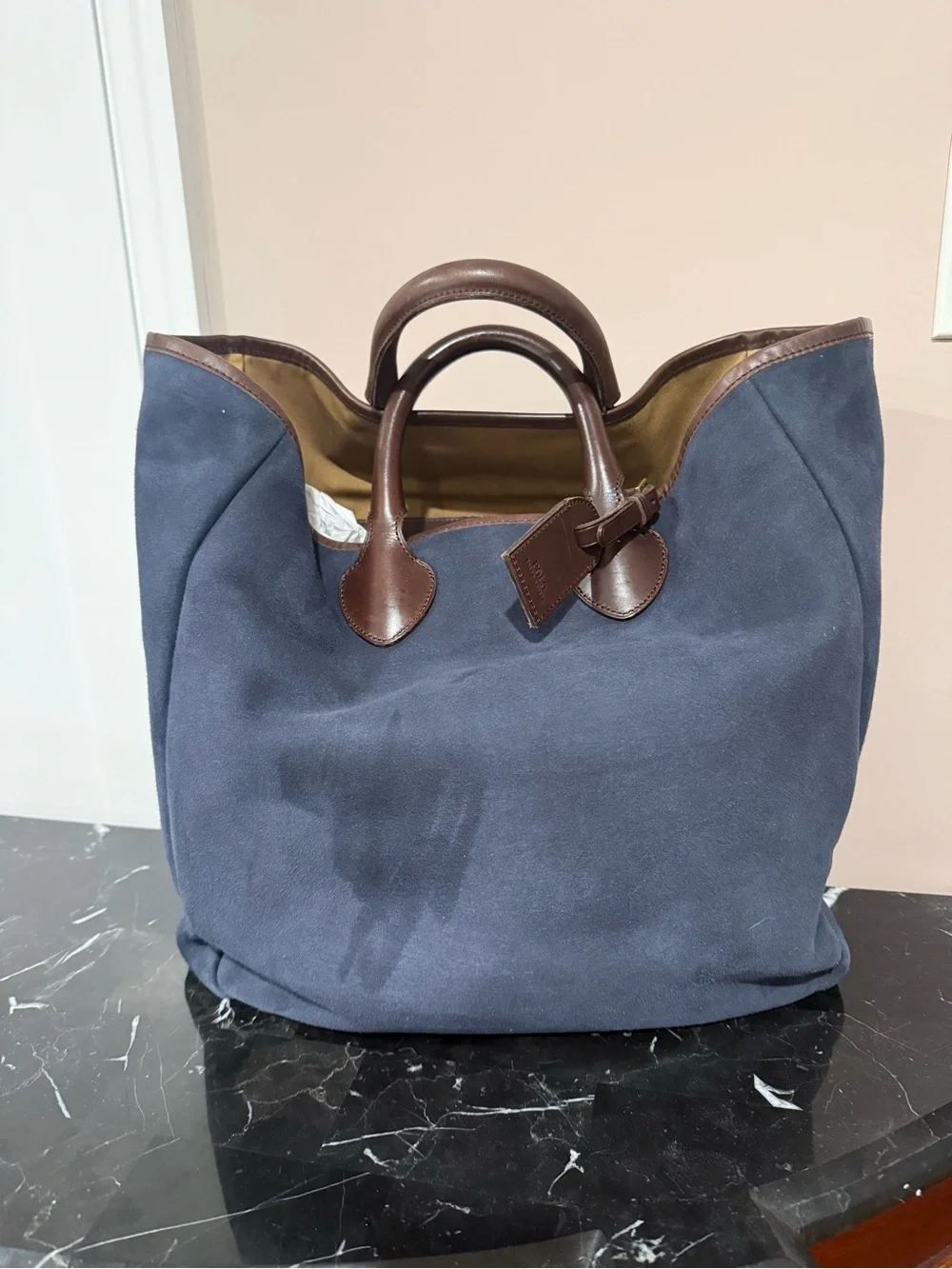 Navy Suede Tote Bag with Brown Leather Trim